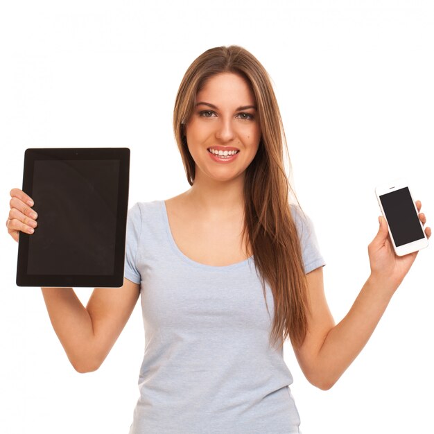 Young caucasian woman with devices