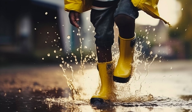 Young child enjoying childhood happiness by playing in the puddle of water after rain