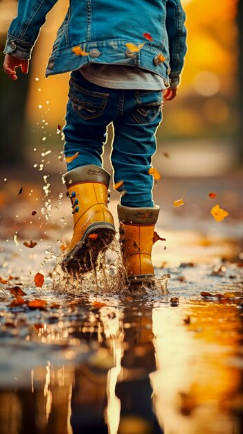 Young child enjoying childhood happiness by playing in the puddle of water after rain