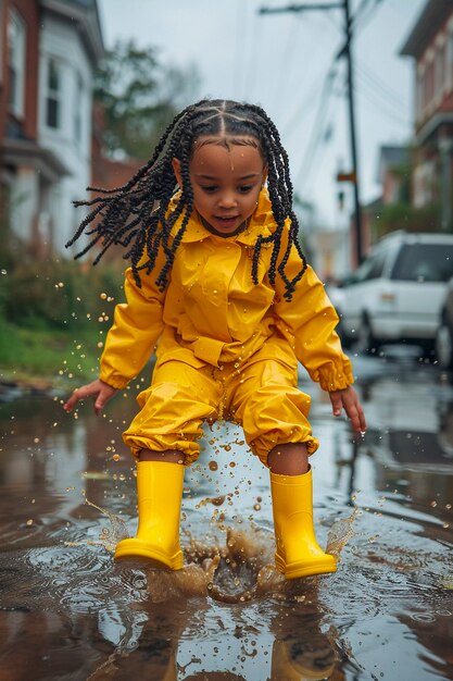 Young child enjoying childhood happiness by playing in the puddle of water after rain