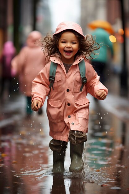 Young child enjoying childhood happiness by playing in the puddle of water after rain