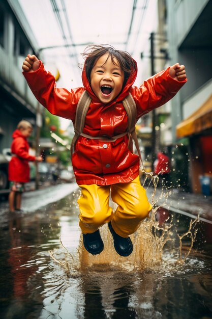 Young child enjoying childhood happiness by playing in the puddle of water after rain