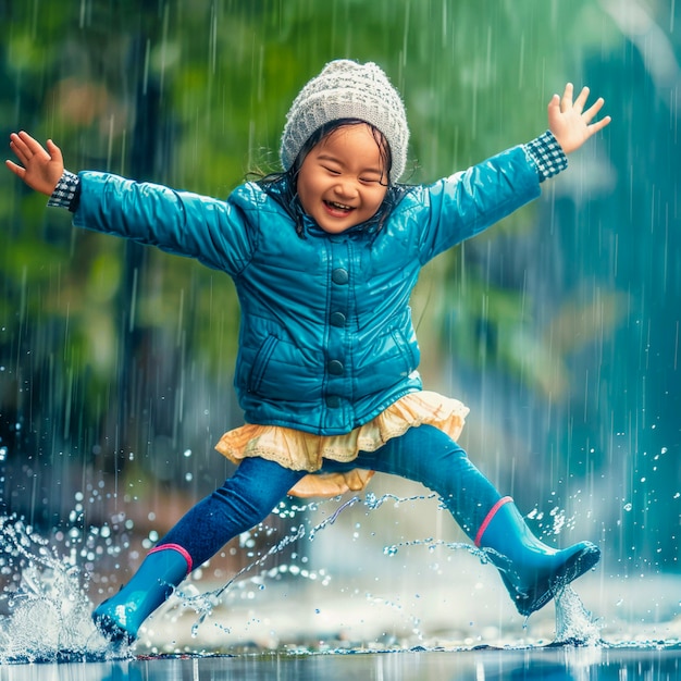 Young child enjoying childhood happiness by playing in the puddle of water after rain