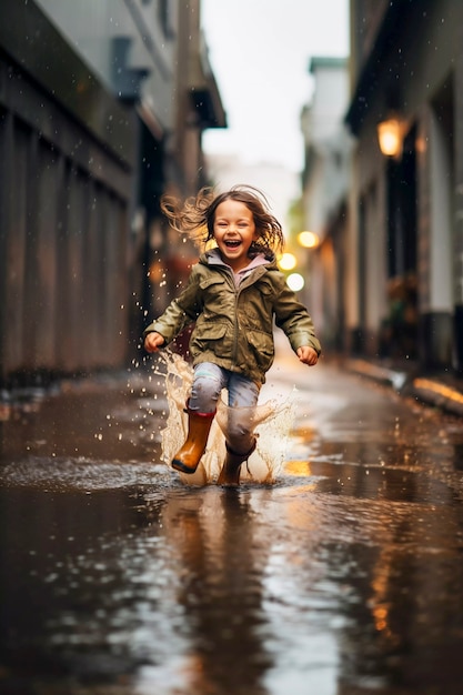 Free photo young child enjoying childhood happiness by playing in the puddle of water after rain