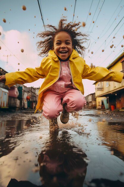 Young child enjoying childhood happiness by playing in the puddle of water after rain