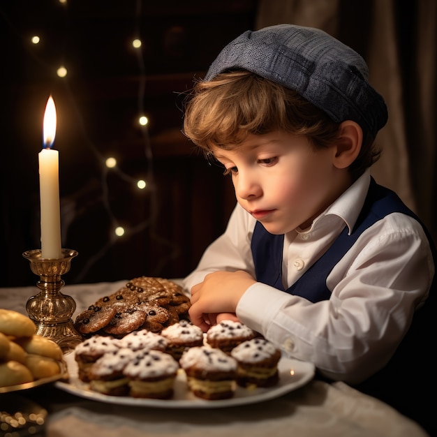 Free Photo young child at hanukkah dinner table with delicious food