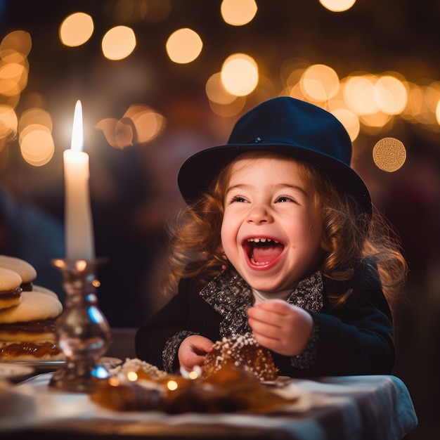 Free Photo young child at hanukkah dinner table with delicious food