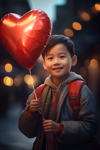 Young child holding red heart balloon