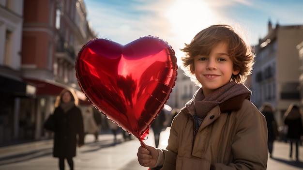 Young child holding red heart balloon