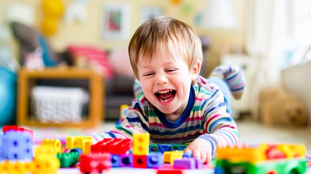 A young child with Down syndrome joyfully playing with colorful toys surrounded by a warm encouraging family environment