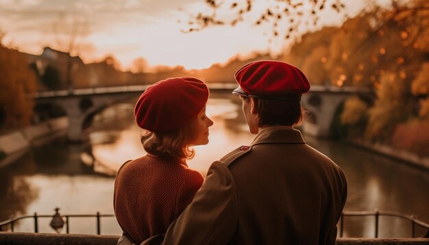 Young couple embraces in warm autumn sunset generated by AI