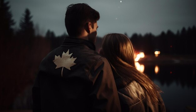 Young couple embracing in beautiful autumn forest generated by AI