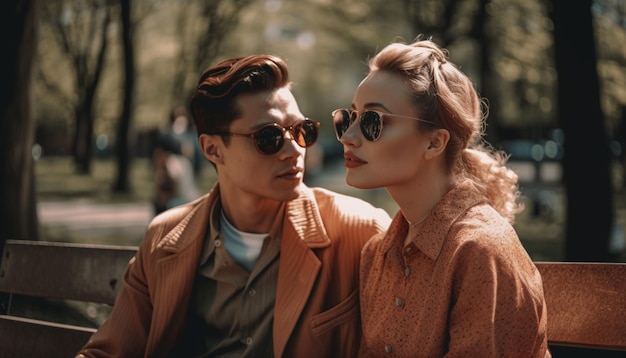 Young couple embracing outdoors in autumn sunlight generated by AI