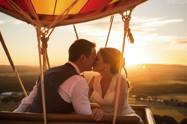 Free photo young couple getting married in a hot-air-balloon