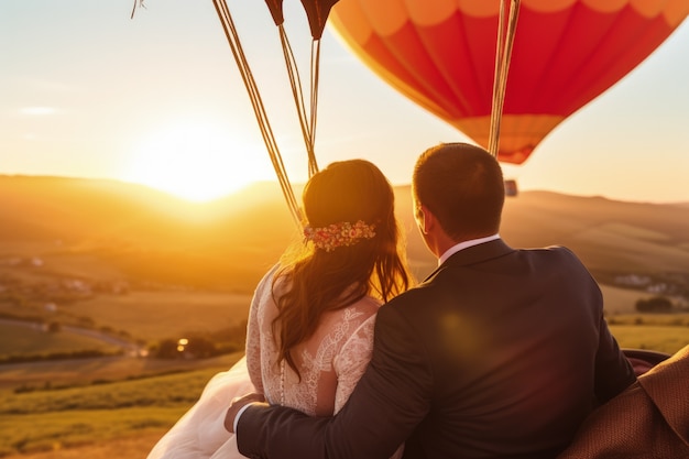 Young couple getting married in a hot-air-balloon