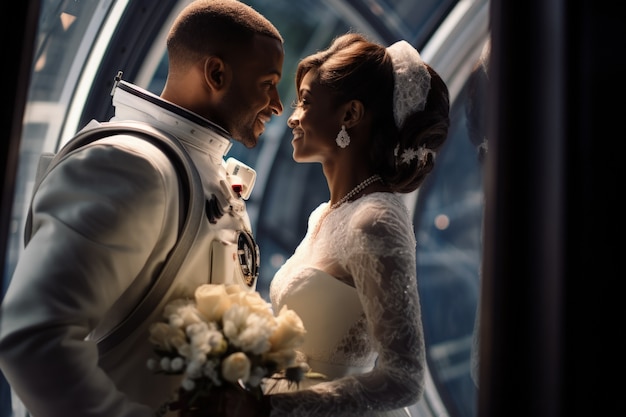 Free Photo young couple getting married in a space station