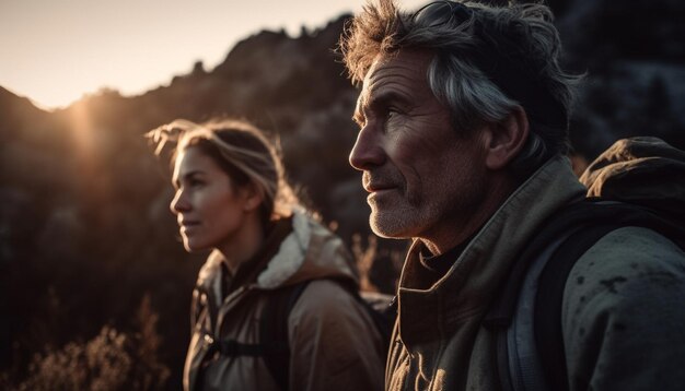 Young couple hiking in nature enjoying freedom generated by AI