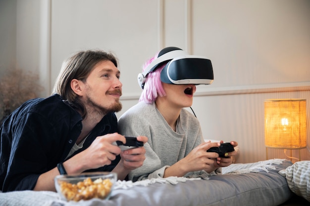 Young couple playing a vr game