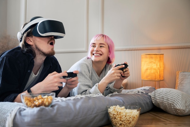 Young couple playing a vr game