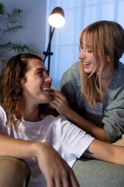 Young couple spending time together at night