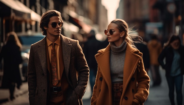 Young couple walking in the city fashionable elegance generated by AI