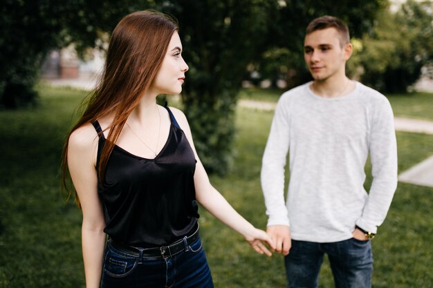 Young couple walking and having fun