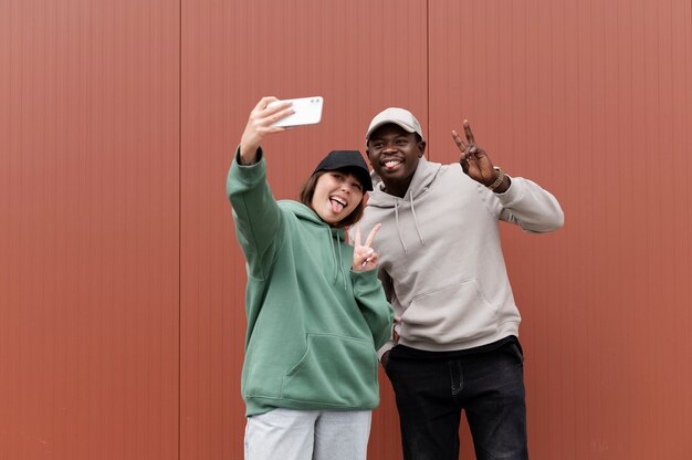 Young couple wearing trucker hat