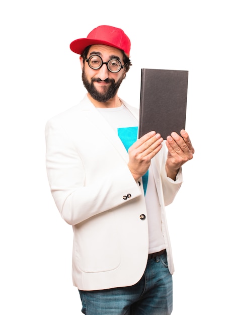 Free photo young crazy businessman with a book