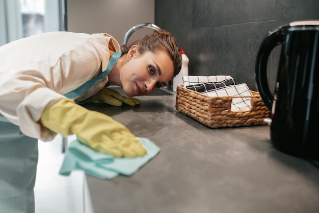 Free photo young dark-haired woman cleaning the surfaces in the kitchen