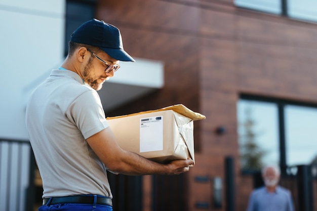 Young delivery man carrying package and reading address on a label His customer is standing in the background