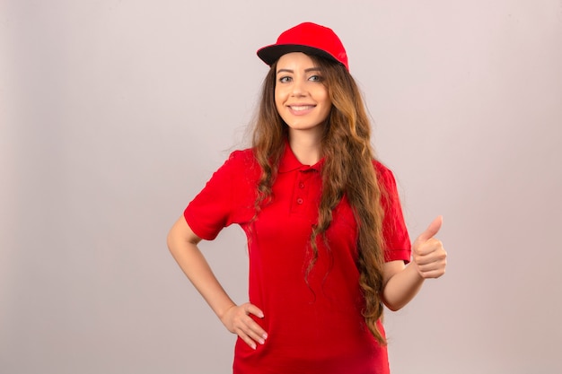 Free photo young delivery woman wearing red polo shirt and cap smiling confident showing thumb up over isolated white background