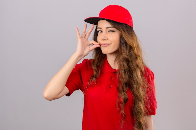 Young delivery woman with curly hair wearing red polo shirt and cap making silence gesture doing like closing her mouth with a zipper over isolated white background