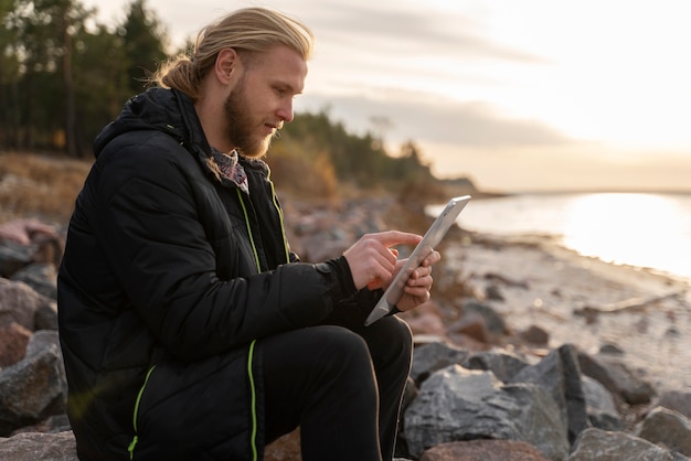 Young digital nomad traveling in  winter time