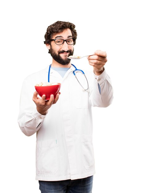 young doctor man having breakfast