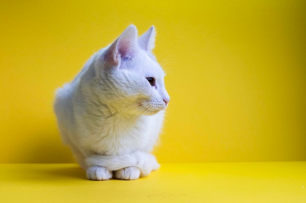 A young domestic white cat chilling in a comfy position on a yellow background