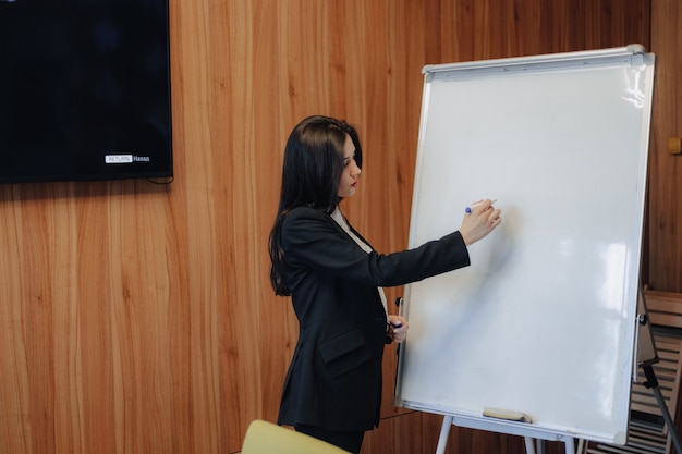 Free photo young emotional attractive girl in business-style clothes working with flipchart in a modern office or audience