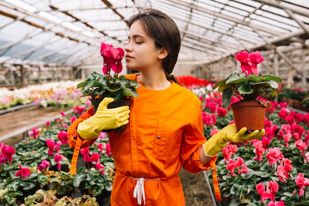 Free photo young female gardener smelling pink flowers in greenhouse