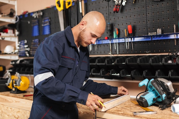 Young foreman in work clothes thoughtfully using ruler with variety of tools on background in workshop