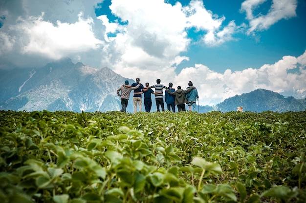 Young friends on top of a mountain enjoying the mesmerizing view