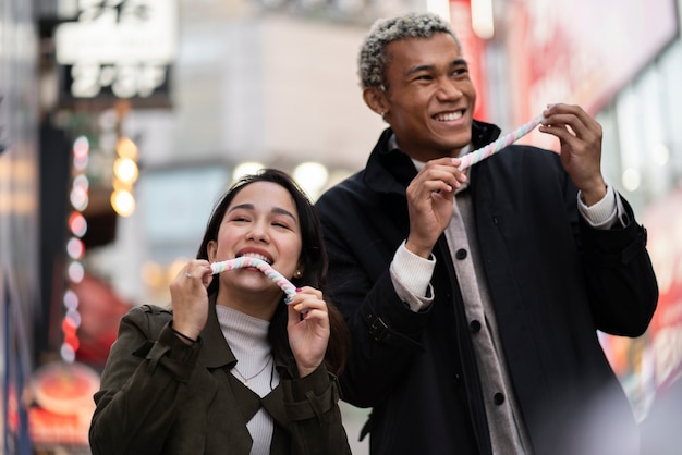 Young friends traveling through japan