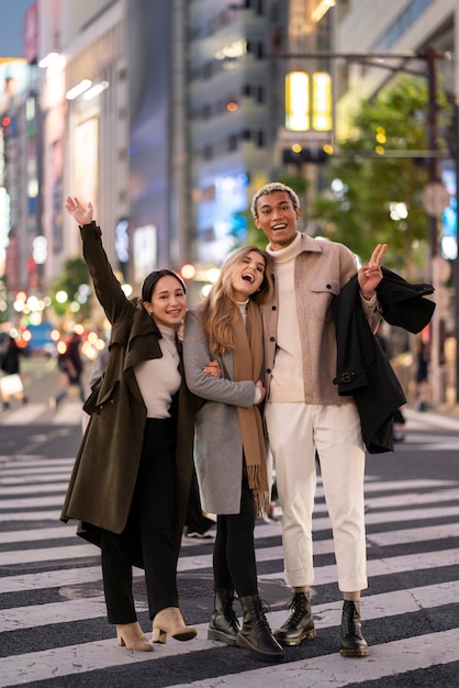 Young friends traveling through japan