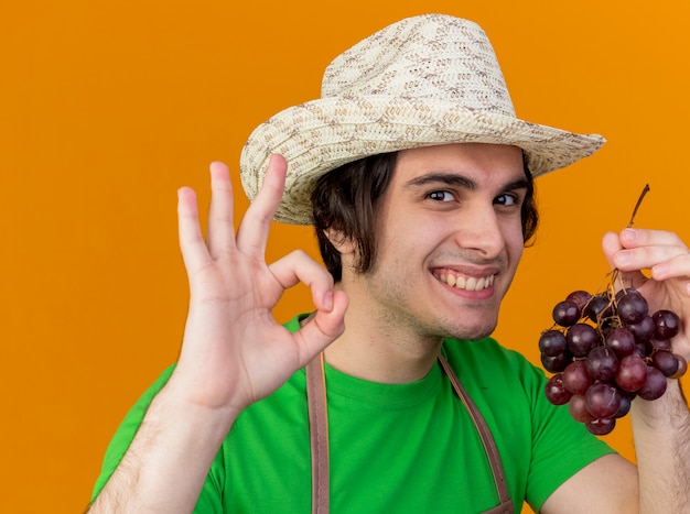 Young gardener man in apron and hat holding bunch of grape showing ok sign smiling cheerfully standing over orange background