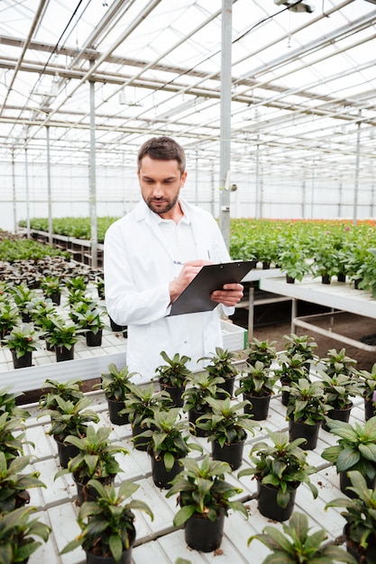 Free photo young gardener working with plants in greenhouse