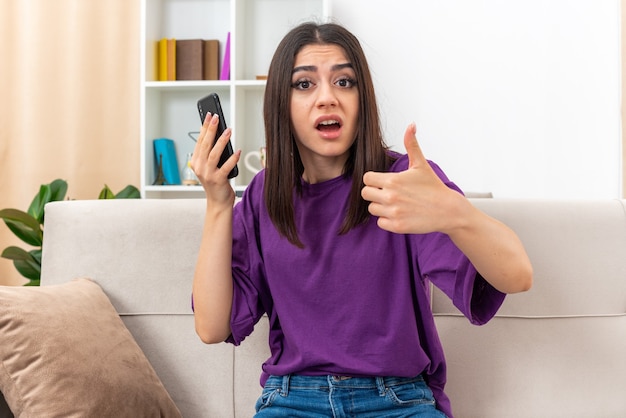 Young girl in casual clothes holding smartphone looking at camera emotional and confused showing thumbs up sitting on a couch in light living room