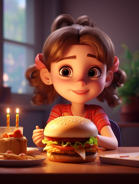 Young girl with delicious 3d burger