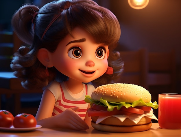 Young girl with delicious 3d burger