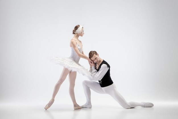 Young graceful couple of ballet dancers on white studio background