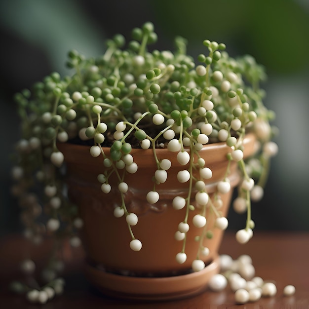 Young green lily of the valley in a clay pot on the table