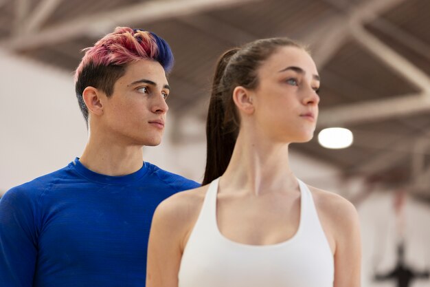 Young gymnasts training for competition