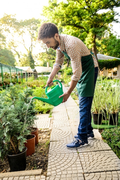 Young handsome cheerful gardener smiling, watering, taking care of plants